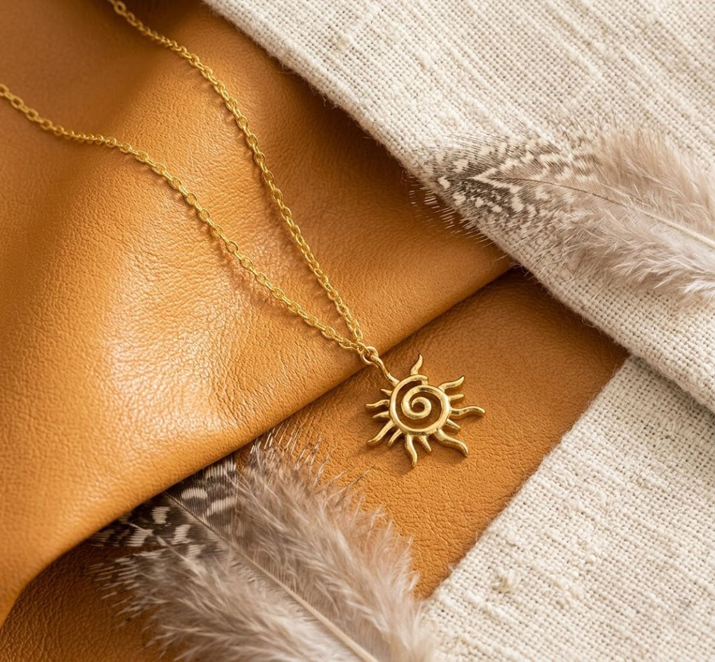 Handmade 18K Gold Spiral Sun Necklace – Minimalist Celestial Pendant for Women