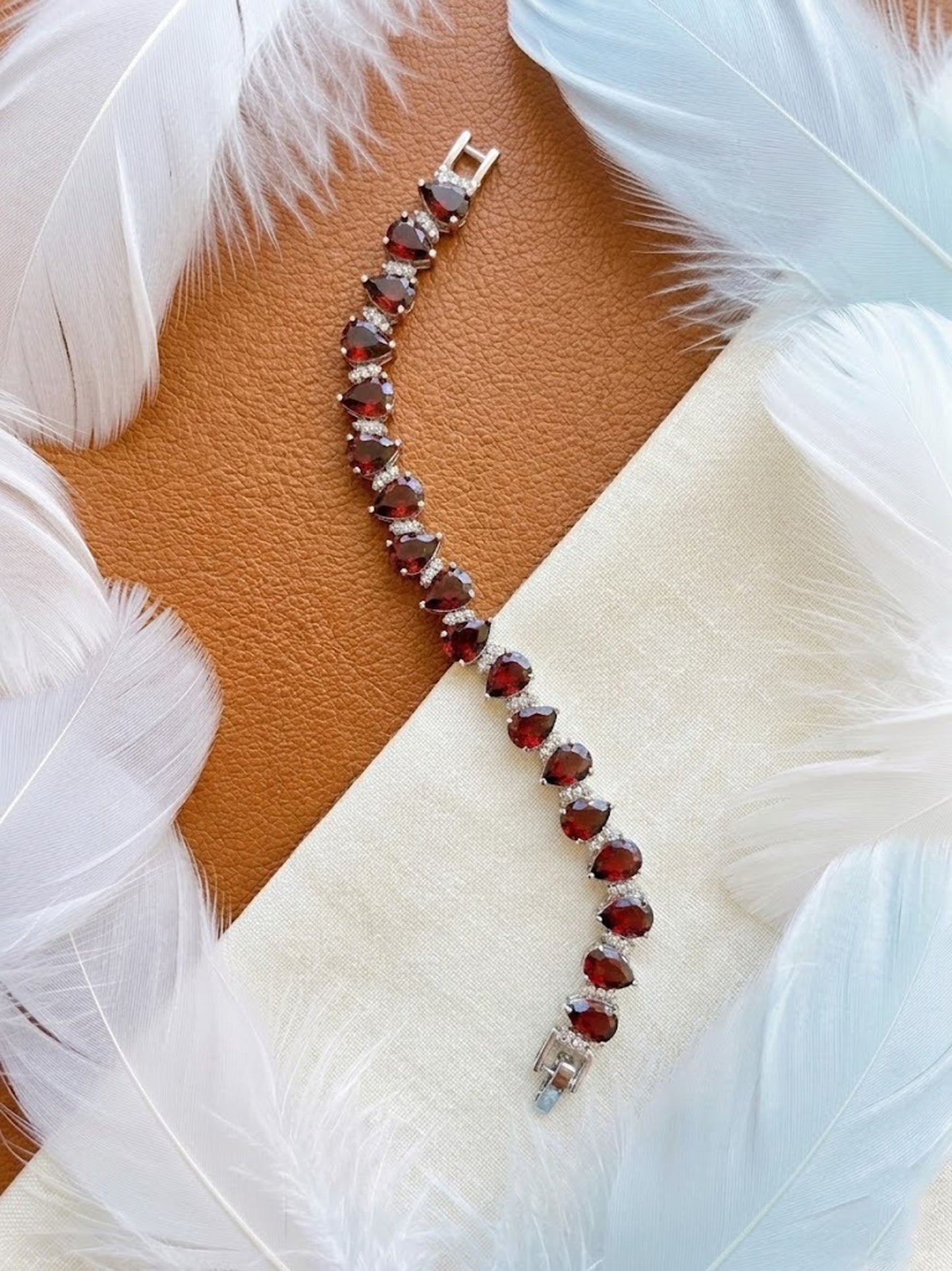 Natural Red Garnet & Moissanite Bracelet – Pear Cut Teardrop Tennis Bracelet for Women