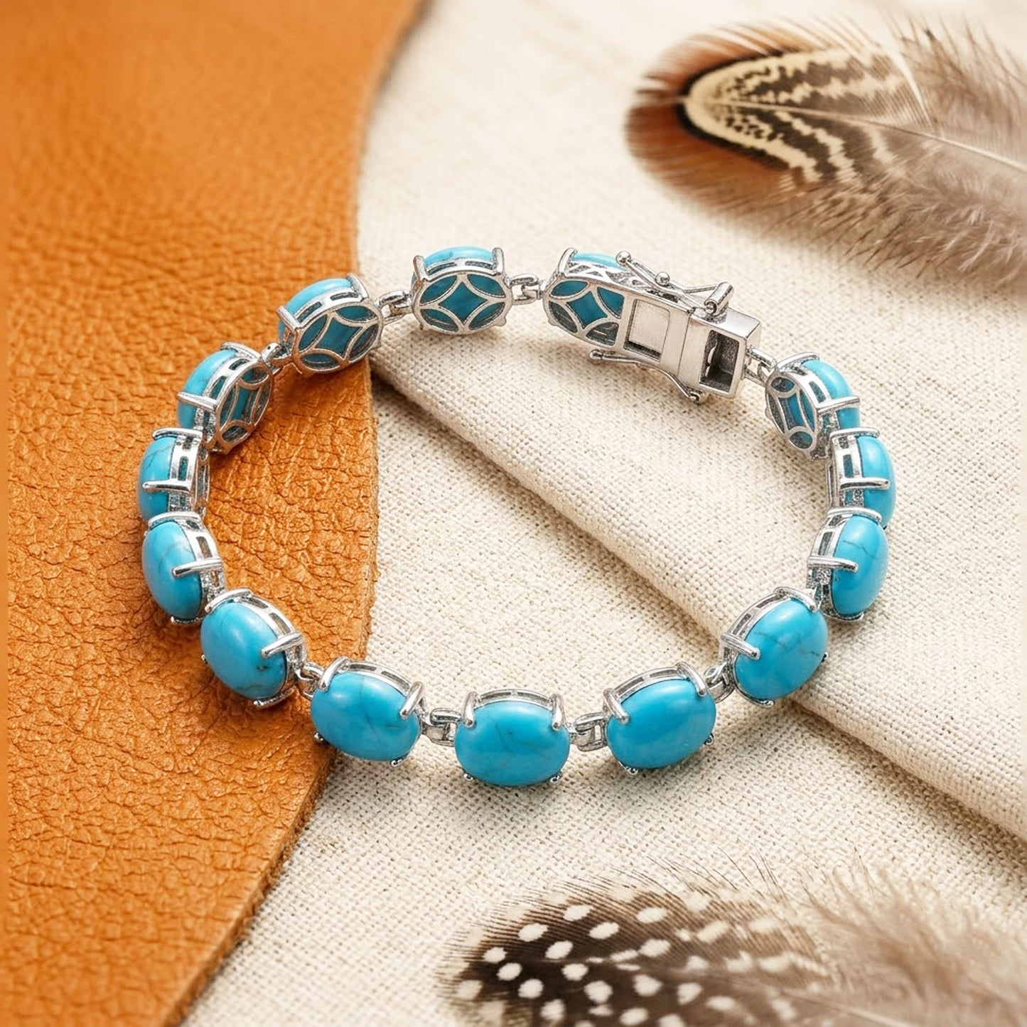 Natural Turquoise Tennis Bracelet – Handmade Gemstone Link Bracelet for Women
