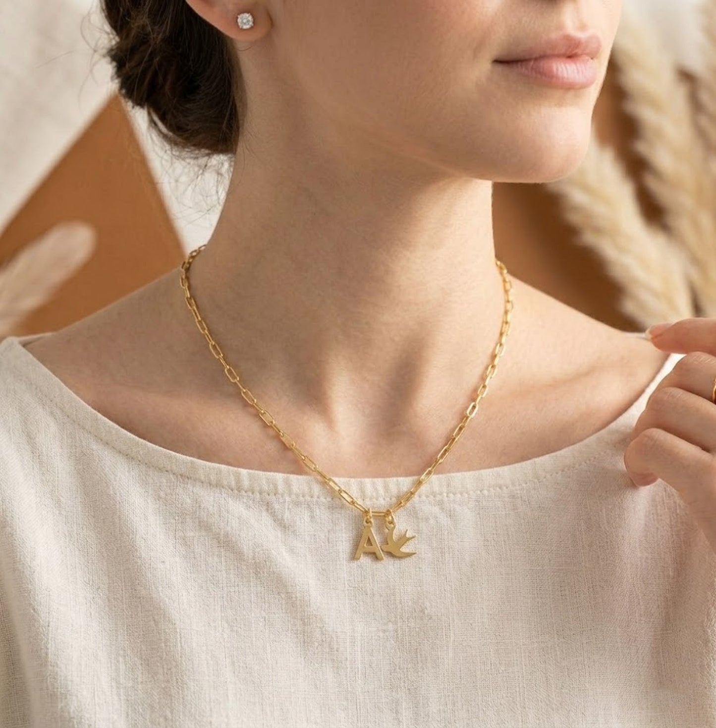 Handmade 18K Gold Initial A Bird Necklace – Personalized Swallow Pendant for Women