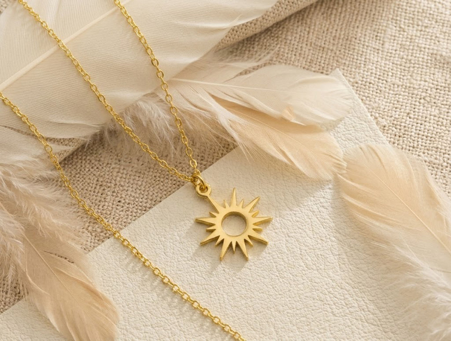 14K Gold Sunburst Necklace – Minimalist Celestial Sun Pendant