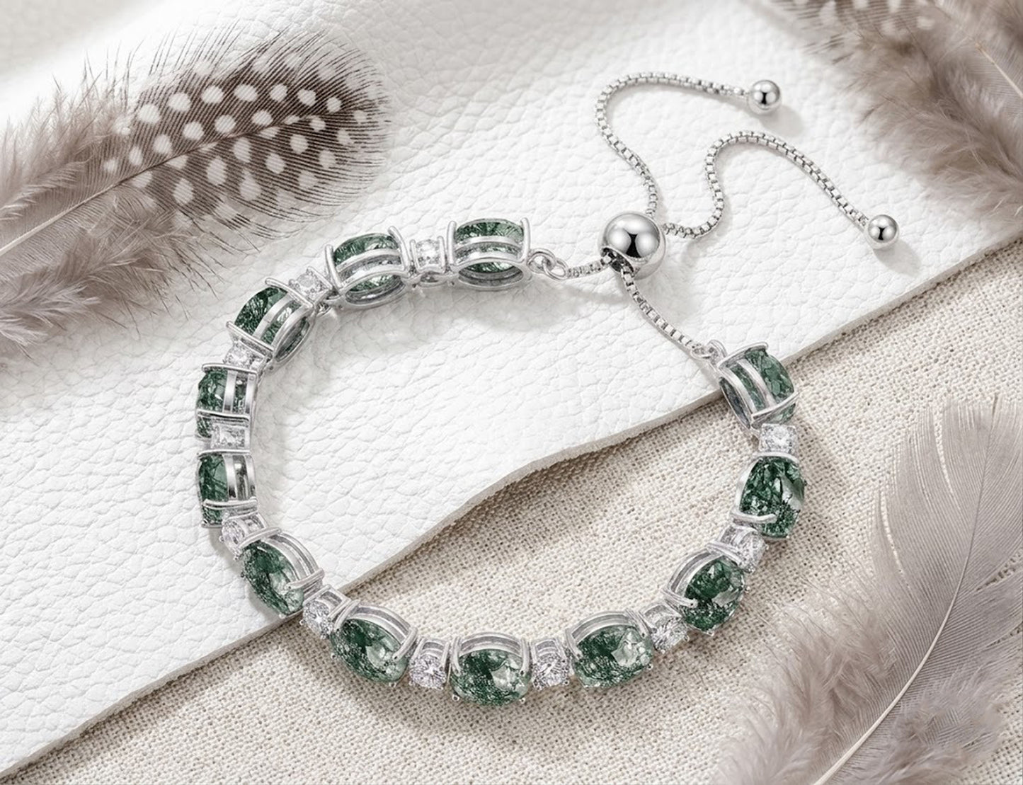 Natural Moss Agate & Moissanite Bolo Bracelet – Handmade Adjustable Green Gemstone Bracelet for Women