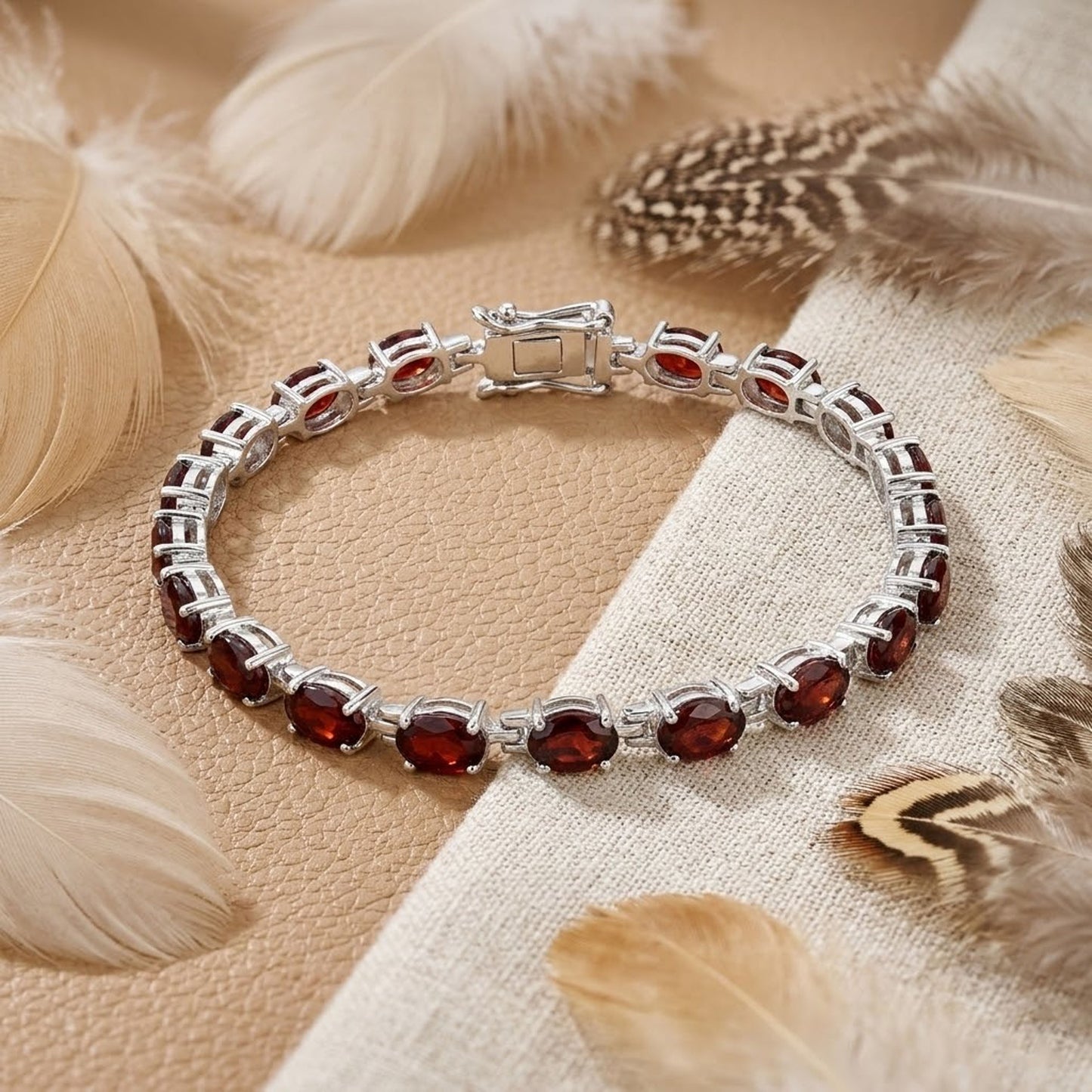 Natural Garnet Oval Tennis Bracelet in 925 Sterling Silver – Handmade Red Gemstone Jewelry