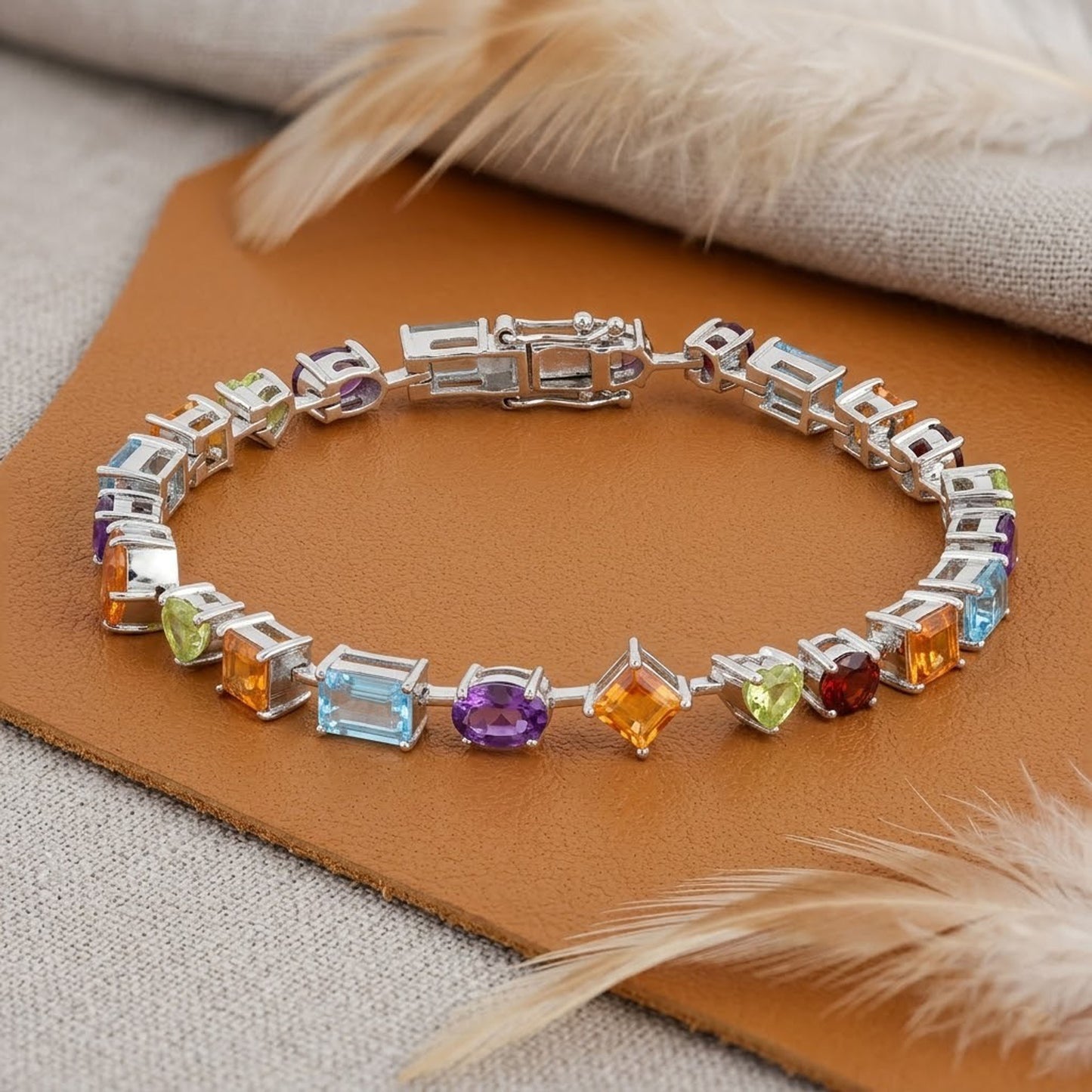 Natural Multi Gemstone Link Bracelet – Handmade Multi-Shape Colorful Jewelry