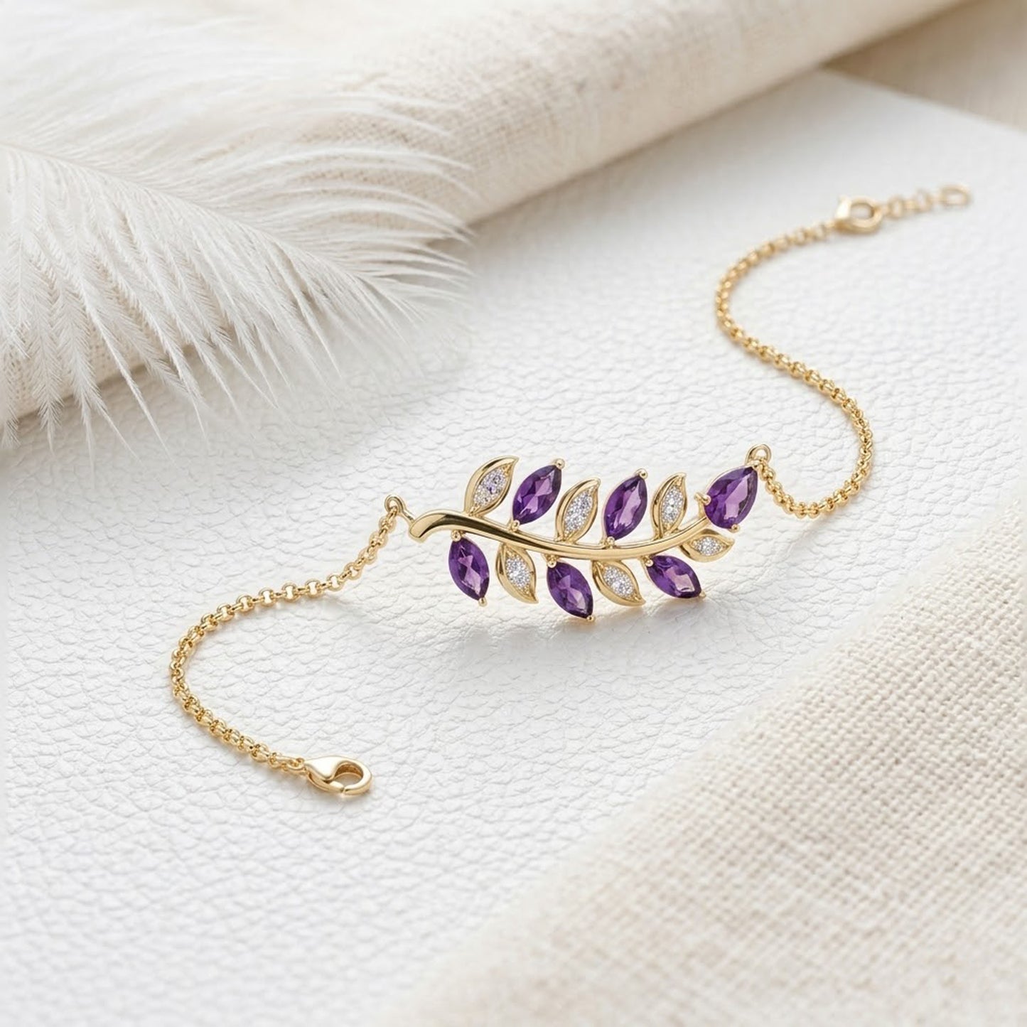 Natural Amethyst & Moissanite Leaf Bracelet – Olive Branch Gemstone Jewelry for Women