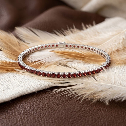 Natural Red Garnet Tennis Bracelet – Handmade Round Cut Gemstone Jewelry for Women