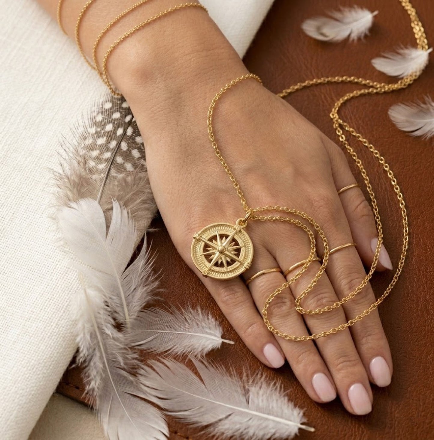 Handmade 18K Gold Compass Necklace – Vintage Nautical Medallion Pendant for Women