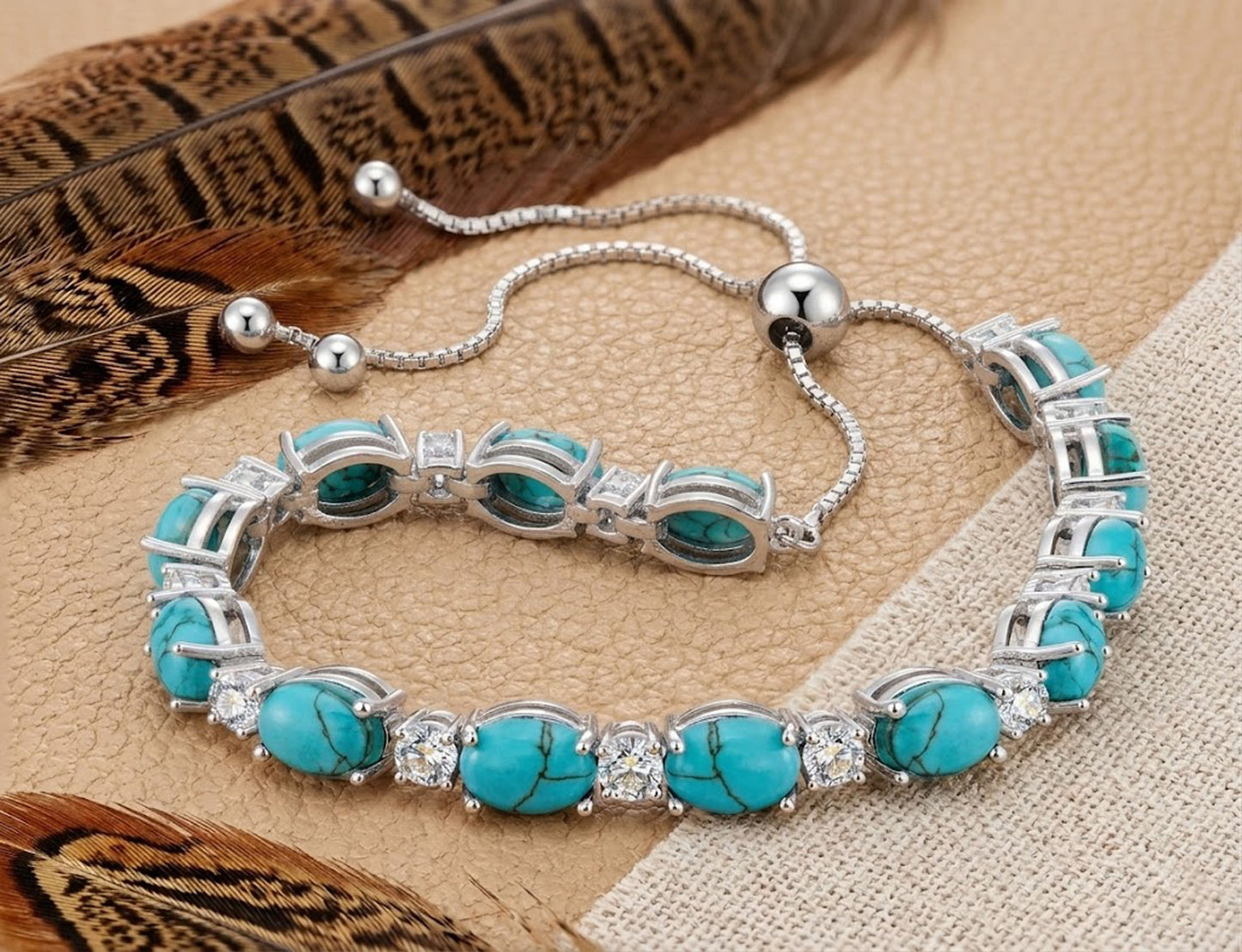 Natural Turquoise & Moissanite Bolo Bracelet – Adjustable Gemstone Bracelet for Women