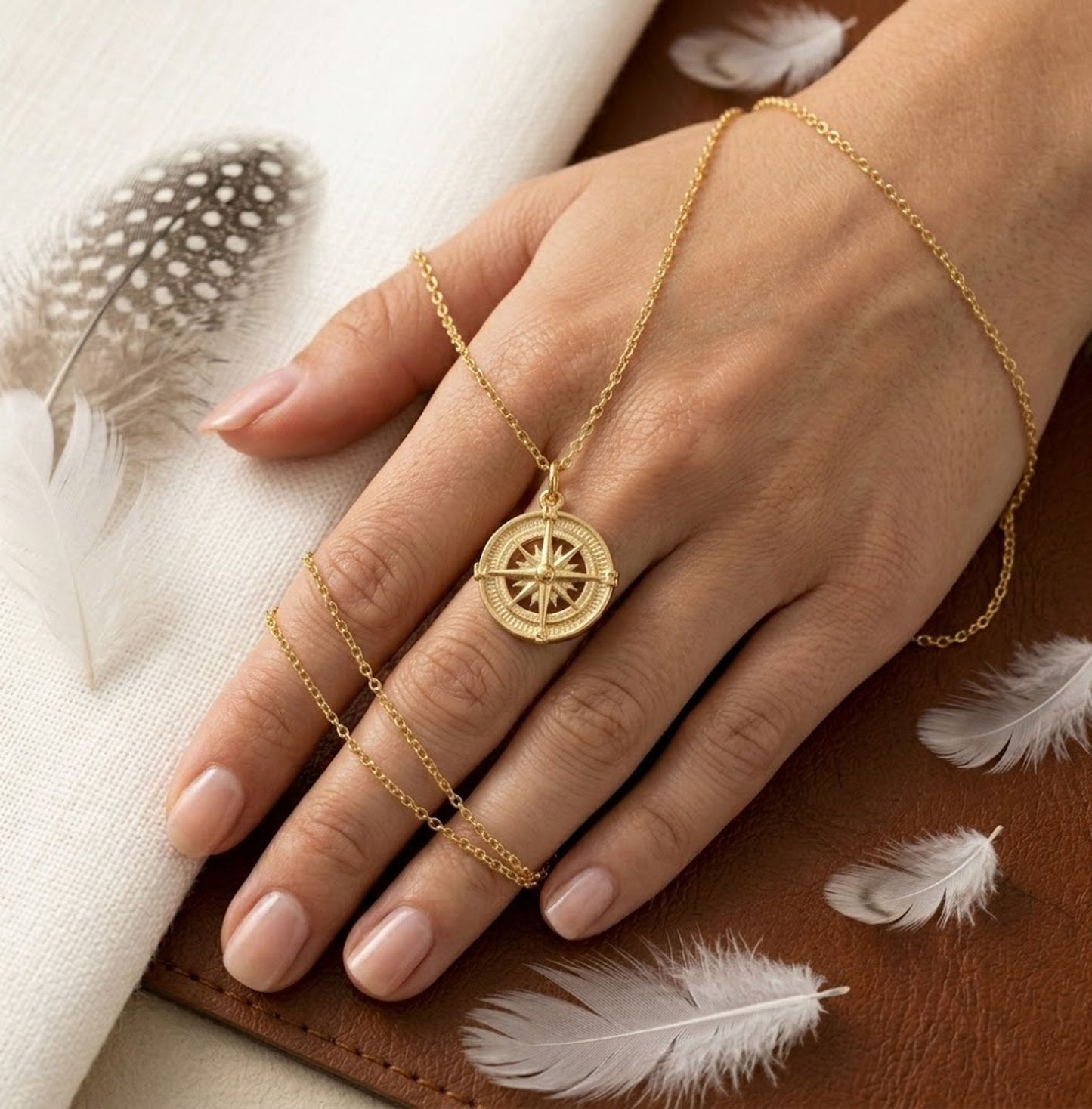 Handmade 18K Gold Compass Necklace – Vintage Nautical Medallion Pendant for Women