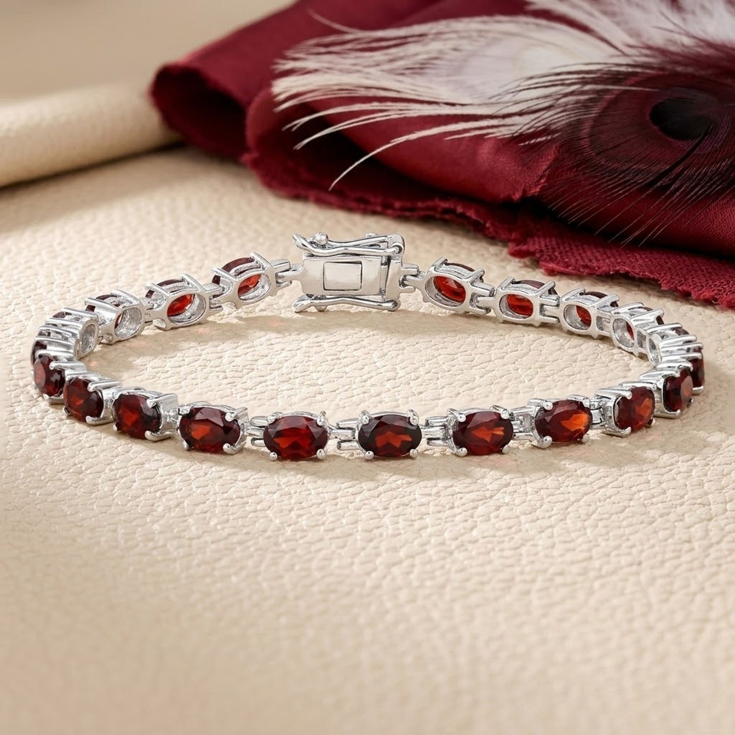 Natural Garnet Oval Tennis Bracelet in 925 Sterling Silver – Handmade Red Gemstone Jewelry