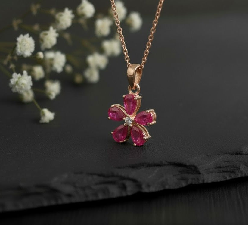 Natural Ruby & Moissanite Flower Pendant and Drop Earrings