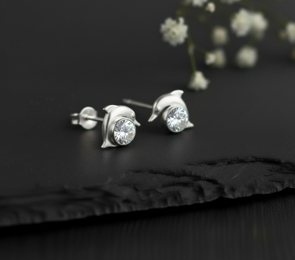 Playful Sparkle Studs: Natural Moissanite Dolphin Earrings in Sterling Silver