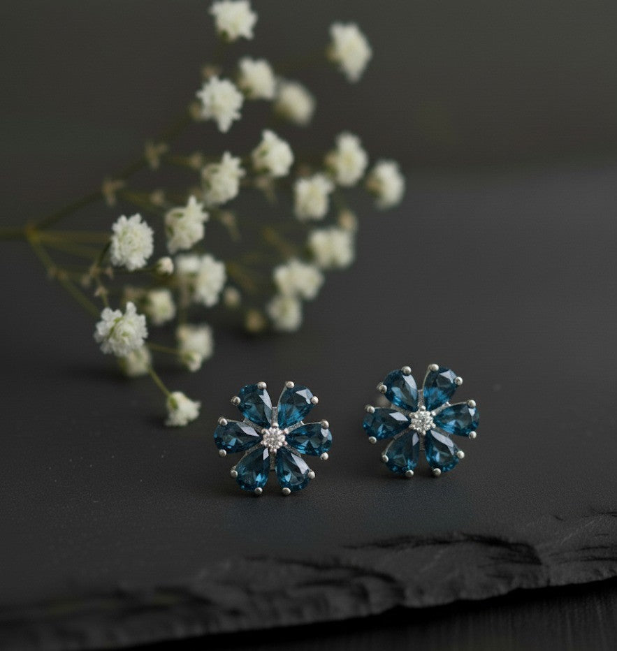 Midnight Bloom Studs: Natural London Blue Topaz & Moissanite Flower Earrings