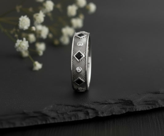 Art Deco Sunburst Band: Natural Black Spinel & Moissanite Eternity Ring in Sterling Silver