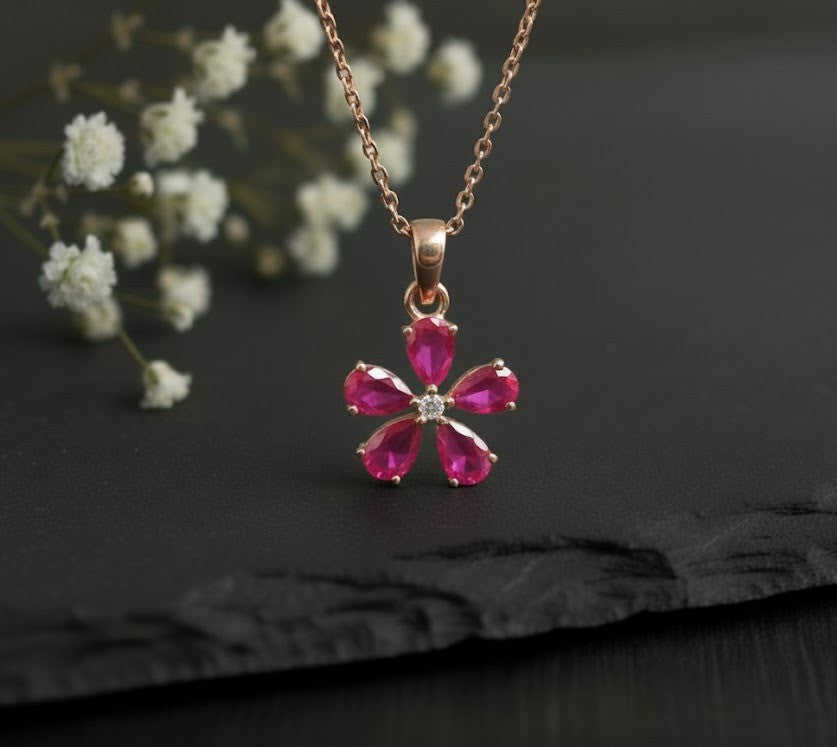 Natural Ruby & Moissanite Flower Pendant and Drop Earrings