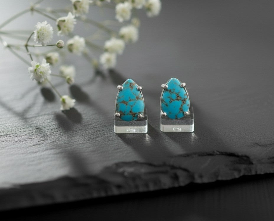 Desert Sky Studs: Natural Teardrop Turquoise Earrings in Sterling Silver