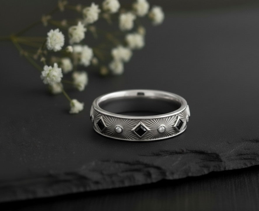 Art Deco Sunburst Band: Natural Black Spinel & Moissanite Eternity Ring in Sterling Silver