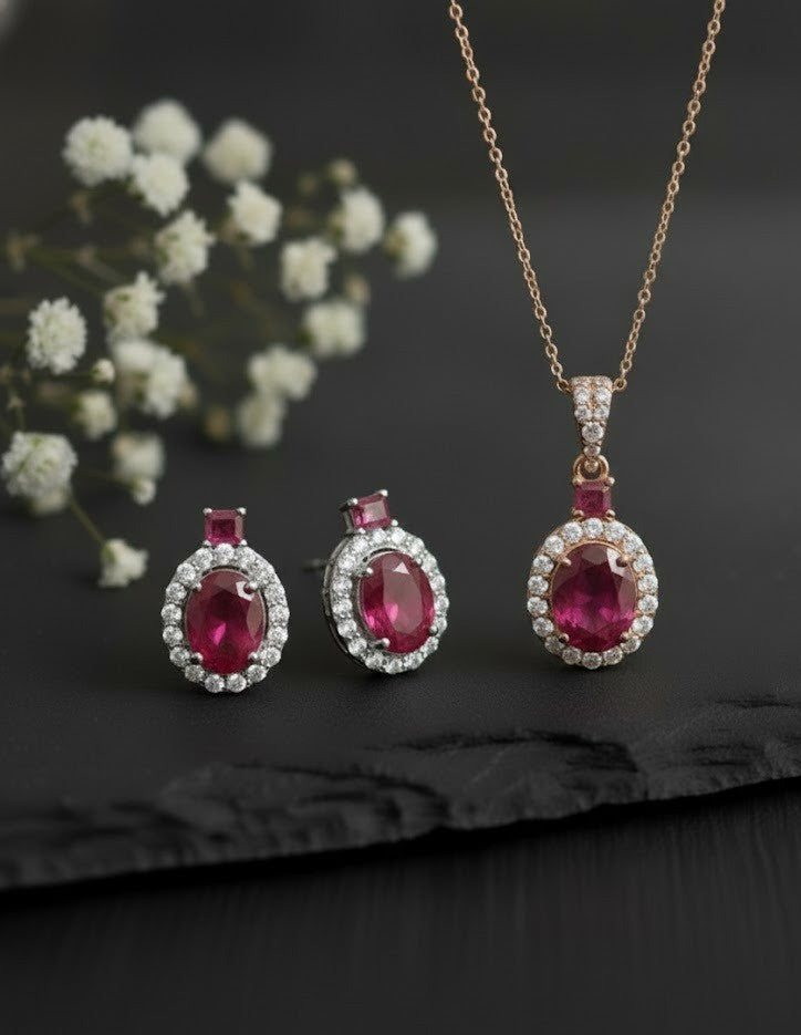 Twilight Romance Set: Natural Rhodolite Garnet & Moissanite Halo Pendant & Studs