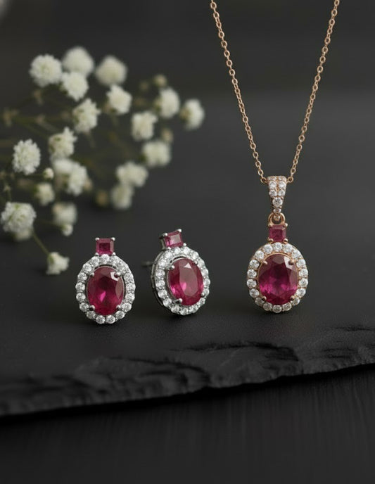 Twilight Romance Set: Natural Rhodolite Garnet & Moissanite Halo Pendant & Studs