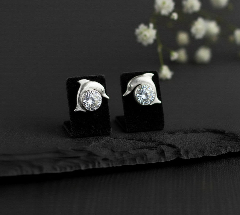 Playful Sparkle Studs: Natural Moissanite Dolphin Earrings in Sterling Silver