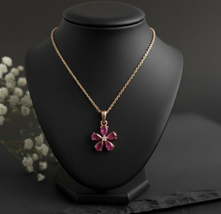 Natural Ruby & Moissanite Flower Pendant and Drop Earrings