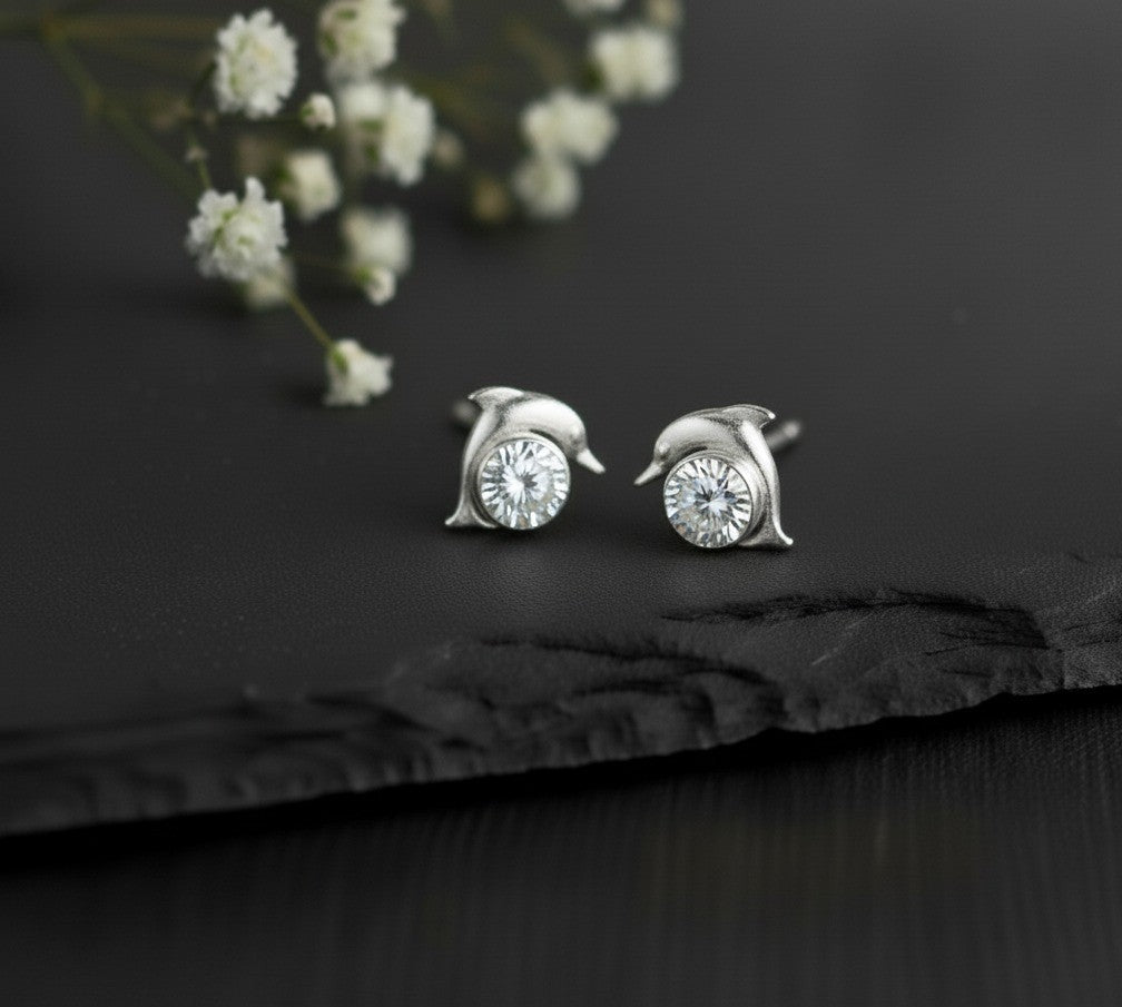 Playful Sparkle Studs: Natural Moissanite Dolphin Earrings in Sterling Silver