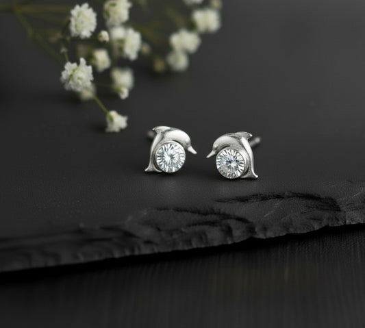 Playful Sparkle Studs: Natural Moissanite Dolphin Earrings in Sterling Silver