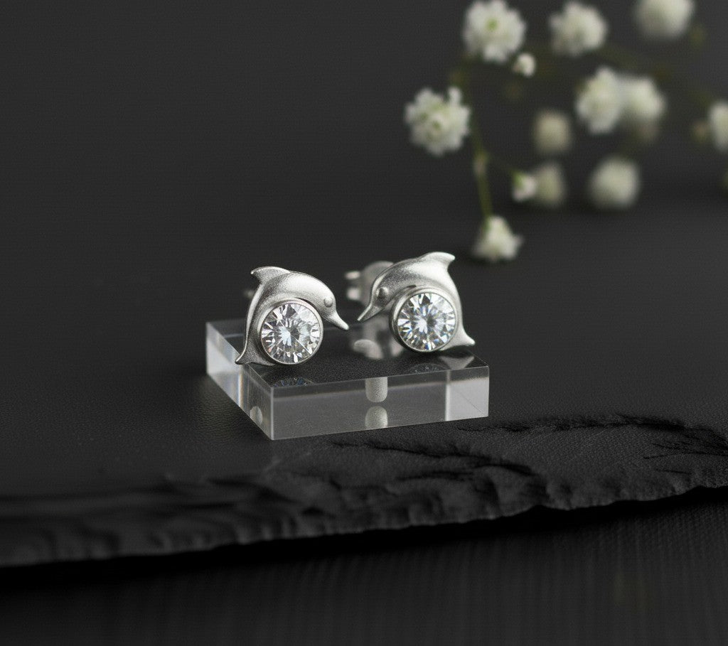 Playful Sparkle Studs: Natural Moissanite Dolphin Earrings in Sterling Silver