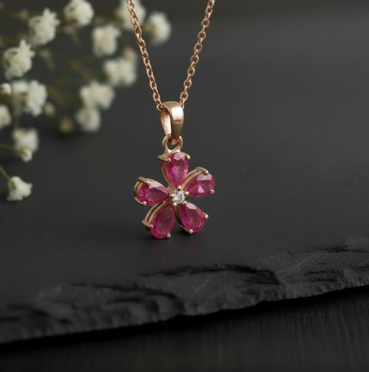 Natural Ruby & Moissanite Flower Pendant and Drop Earrings