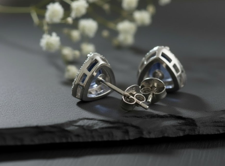 Regal Twilight Studs: Natural Tanzanite & Dazzling Moissanite Halo Earrings