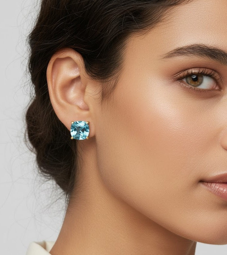 Sky Blue Solitaire Studs: Natural Cushion Blue Topaz Earrings in Sterling Silver