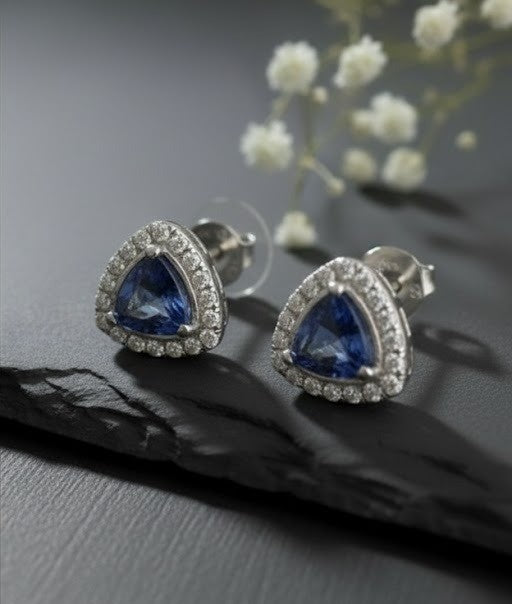 Regal Twilight Studs: Natural Tanzanite & Dazzling Moissanite Halo Earrings