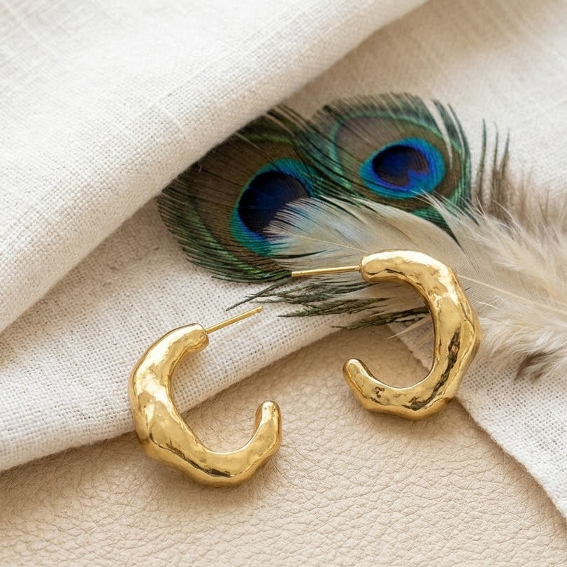 Chunky Hammered Hoop Earrings – Gold Plated Organic C-Hoop Earrings for Women