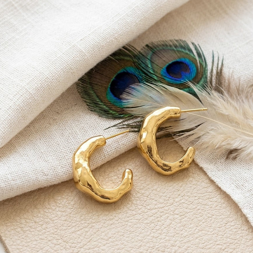 Chunky Hammered Hoop Earrings – Gold Plated Organic C-Hoop Earrings for Women
