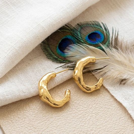 Chunky Hammered Hoop Earrings – Gold Plated Organic C-Hoop Earrings for Women