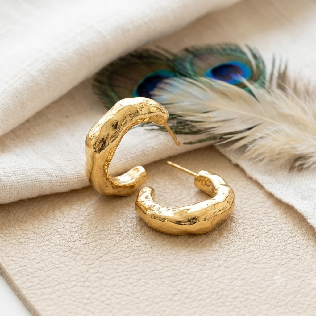 Chunky Hammered Hoop Earrings – Gold Plated Organic C-Hoop Earrings for Women
