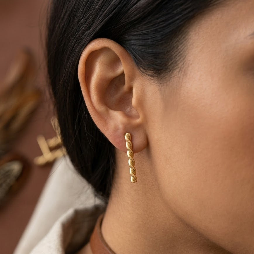 Twisted Bar Stud Earrings – Gold Plated Rope Bar Earrings for Women