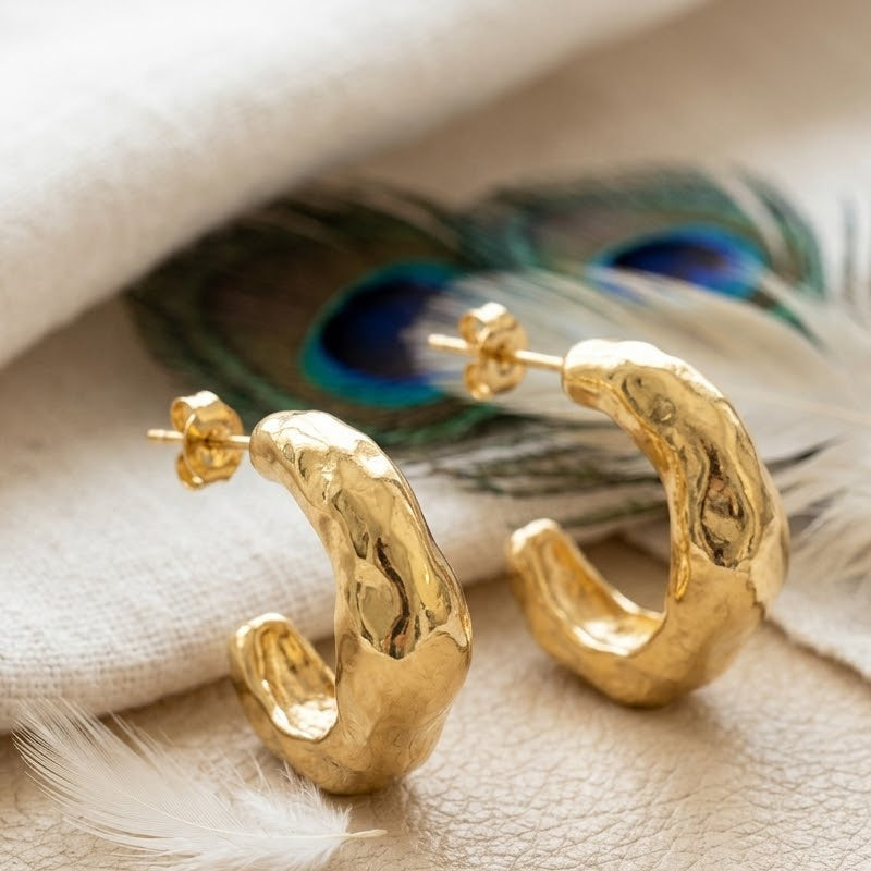 Chunky Hammered Hoop Earrings – Gold Plated Organic C-Hoop Earrings for Women