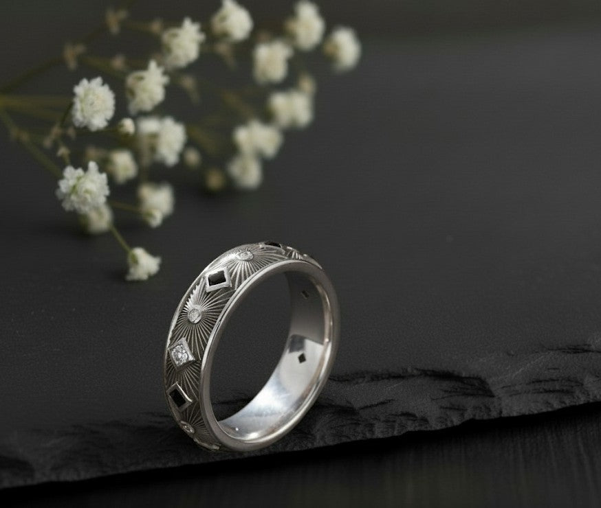 Art Deco Sunburst Band: Natural Black Spinel & Moissanite Eternity Ring in Sterling Silver