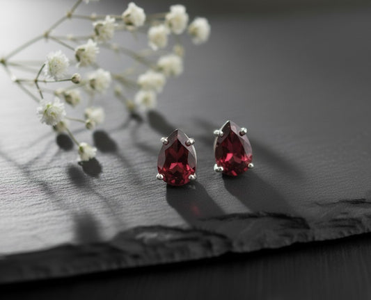 Passion Drops: Natural Deep Red Garnet Pear Stud Earrings in Sterling Silver