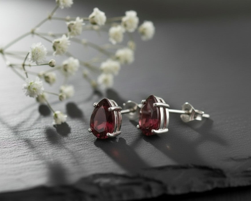 Passion Drops: Natural Deep Red Garnet Pear Stud Earrings in Sterling Silver