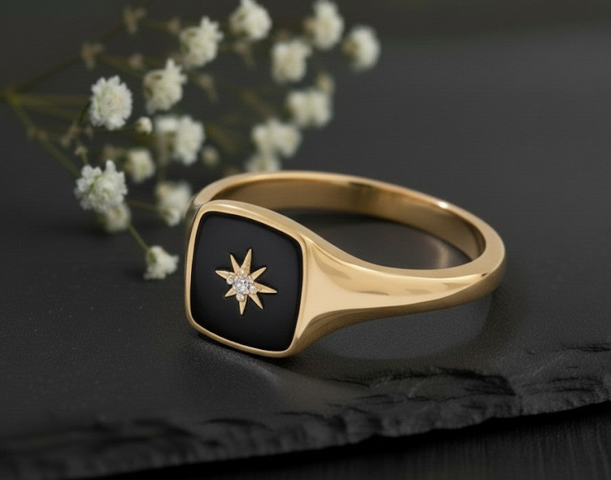 Celestial Star Signet Ring: Moissanite Starburst on Black Enamel Sterling Silver