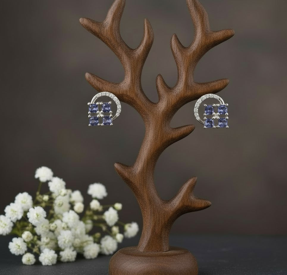 Twilight Bloom Studs: Natural Tanzanite & Moissanite Halo Earrings in Sterling Silver