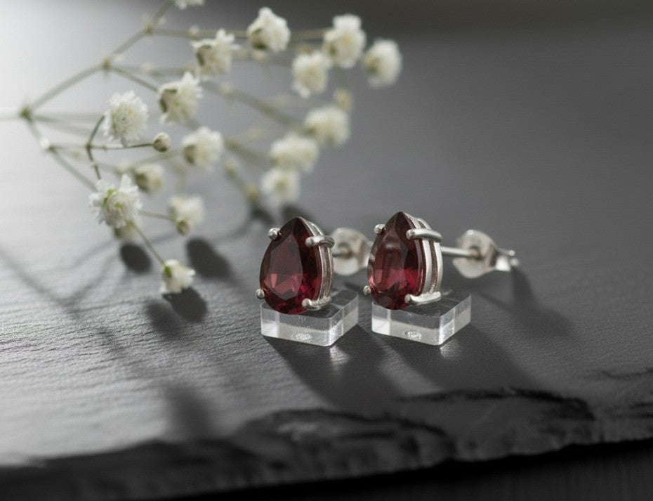 Passion Drops: Natural Deep Red Garnet Pear Stud Earrings in Sterling Silver