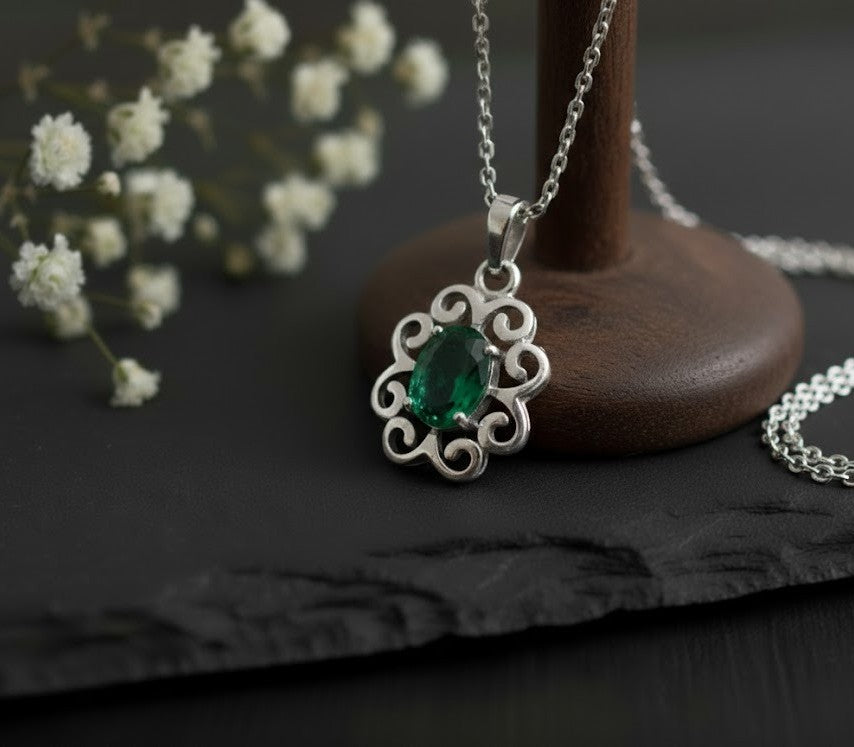 Enchanted Garden Set: Natural Emerald Flower Pendant & Stud Earrings in Sterling Silver