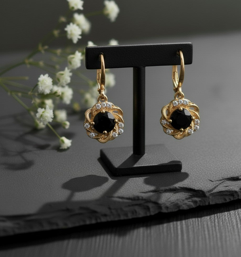 Gothic Glamour: Natural Black Spinel & Moissanite Flower Drop Earrings