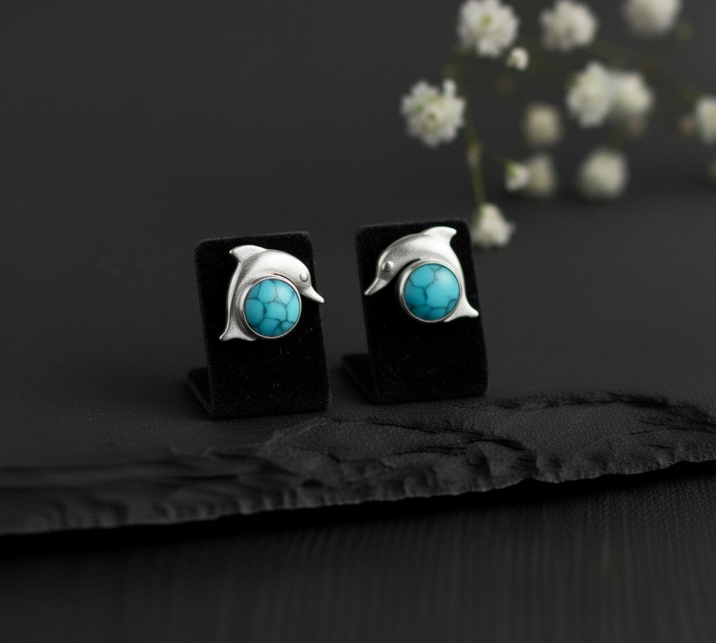 Ocean Spirit Studs: Natural Turquoise Dolphin Earrings in Sterling Silver
