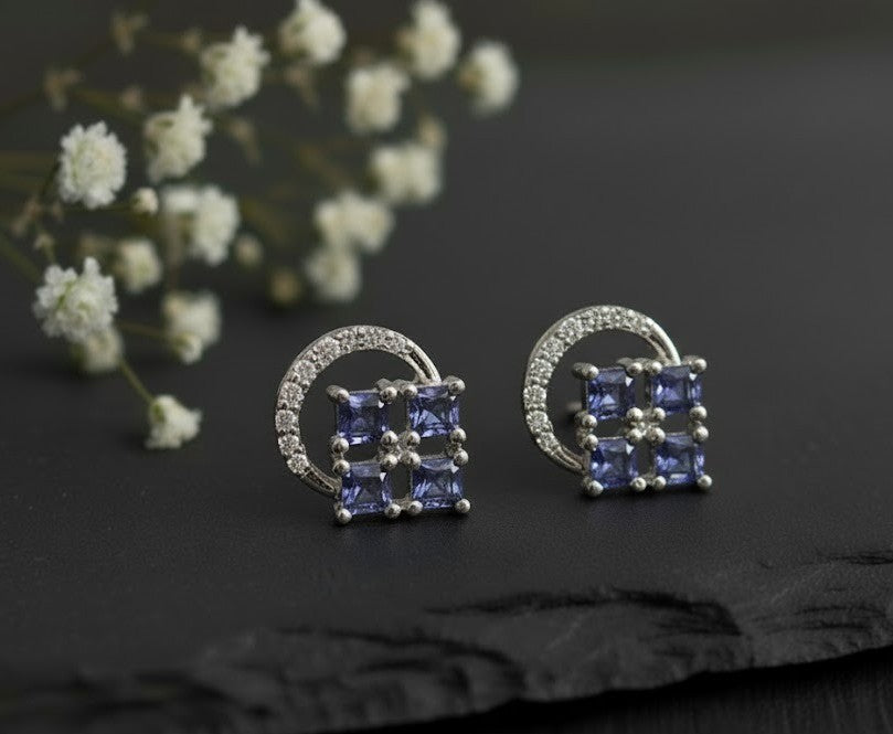 Twilight Bloom Studs: Natural Tanzanite & Moissanite Halo Earrings in Sterling Silver