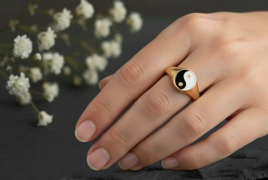 Balance Ring: Sterling Silver Signet with Black & White Enamel Yin-Yang