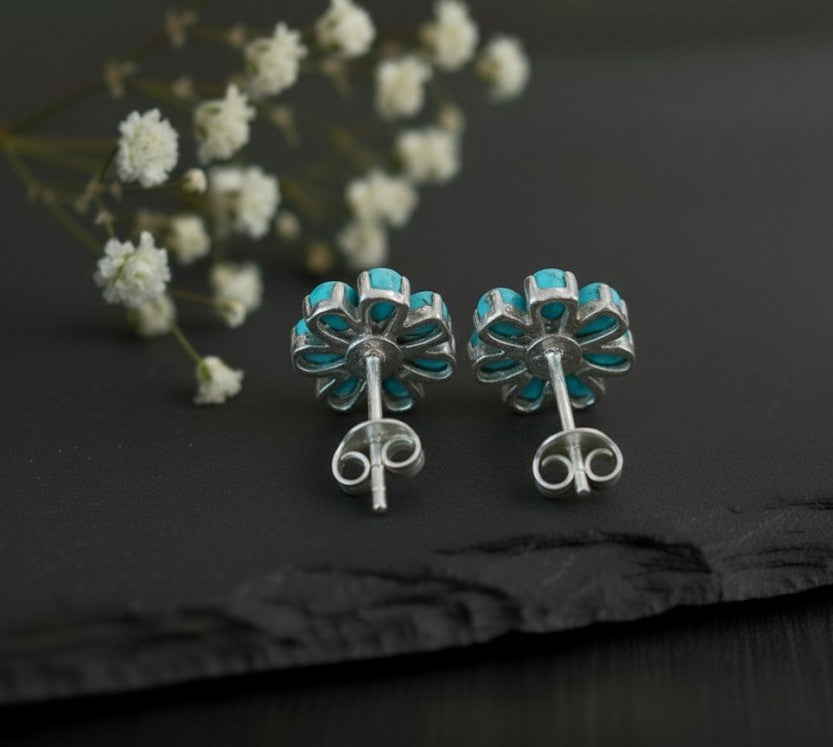 Blossom Studs: Natural Turquoise & Brilliant Moissanite Flower Earrings in Sterling Silver